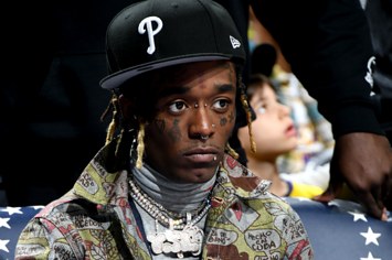 Lil Uzi Vert is seen at the game between the Philadelphia 76ers and the Los Angeles Lakers