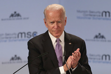Former US vice president Joseph Biden gives his speech
