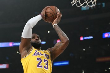 LeBron James #23 of the Los Angeles Lakers goes up for a dunk