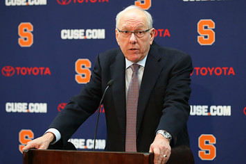 Head coach Jim Boeheim of the Syracuse Orange speaks with the media
