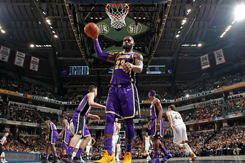 LeBron James #23 of the Los Angeles Lakers looks on during the game