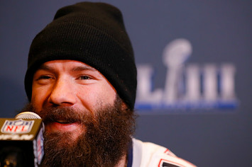 Julian Edelman #11 of the New England Patriots speaks to the media