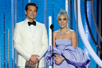 Presenters Bradley Cooper and Lady Gaga speak onstage