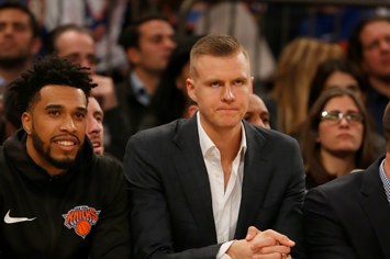 Kristaps Porzingis #6 of the New York Knicks looks on during a game