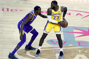 LeBron James #23 of the Los Angeles Lakers handles the ball