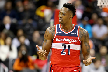 Dwight Howard #21 of the Washington Wizards reacts after a play