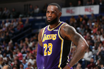 LeBron James #23 of the Los Angeles Lakers looks on