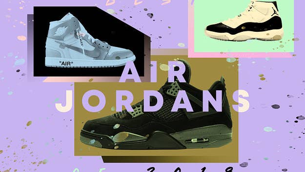 The best sneakers of 2018 include the Air Jordan 11 "Concord," Off-White x Air Jordan 1 "White," Travis Scott x Air Jordan 4, and Air Jordan 3 "Black/Cement."