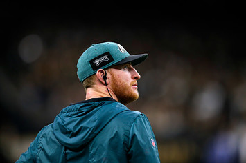 Carson Wentz #11 of the Philadelphia Eagles reacts during the NFC Divisional Playoff