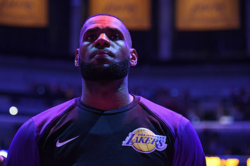 LeBron James is photographed during the national anthem