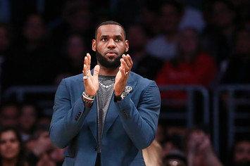 LeBron James of the Los Angeles Lakers looks on against the Cleveland Cavaliers