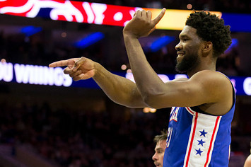 Joel Embiid #21 of the Philadelphia 76ers reacts after making a basket