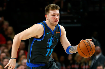 Luka Doncic of the Dallas Mavericks in action against the Portland Trail Blazers