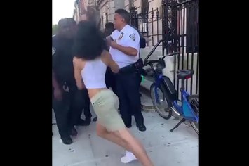 Footage of an NYPD officer punching a woman during an arrest in Harlem.