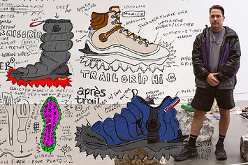 Footwear designer Nathan VanHook alongside sketches for his Moncler Shoes