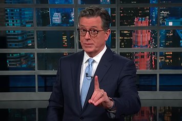 Stephen Colbert is pictured speaking during a monologue