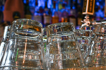 Glasses inside a bar in downtown Edmonton.