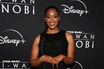 Moses Ingram is seen at a red carpet event for a new Disney series