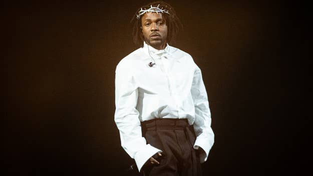 Kendrick Lamar wore the crown for his headlining performance at the Glastonbury festival. He was previously seen in a crown of thorns on his latest album cover.