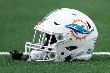 A Miami Dolphins helmet on the field.