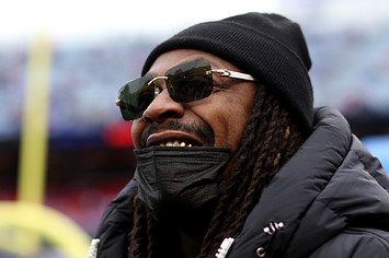 Marshawn Lynch on the field before a Buffalo Bills game in November 2021