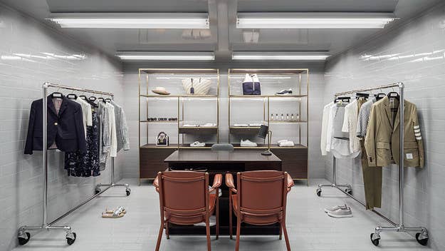 The Thom Browne Tennis Pro Shop is available for appointment-only shopping and features carefully curated furniture pieces and other design touches.