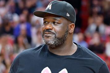 Shaquille O'Neal looks on during the game between the Miami Heat and the Philadelphia 76ers