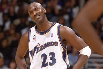 Michael Jordan #23 of the Washington Wizards smiles as he picks up 20 points against the Philadelphia 76ers as the Wizards defeated the 76ers 90-76 in NBA action at the MCI Center in Washington DC.
