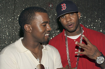 Kanye West and The Game during Kanye West Hosts G.O.O.D Music Pre Vma Party at Shore Club