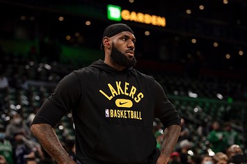 LeBron James #6 of the Los Angeles Lakers warms up before a game against the Boston Celtics