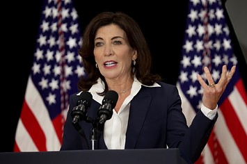 New York Governor Kathy Hochul speaks to guests during an event with US President Joe Biden
