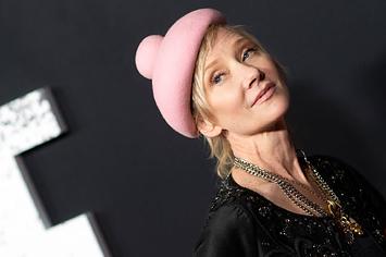 anne heche wearing a pink hat