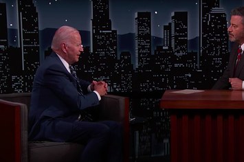 Joe Biden is seen talking with Jimmy Kimmel