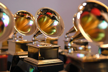 Grammy trophies sit in the press room during the 64th Annual GRAMMY Awards