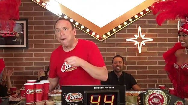In celebration of National Chicken Finger Day, Joey Chestnut chowed down on a record 44 Raising Cane's chicken fingers at its new Las Vegas location. 