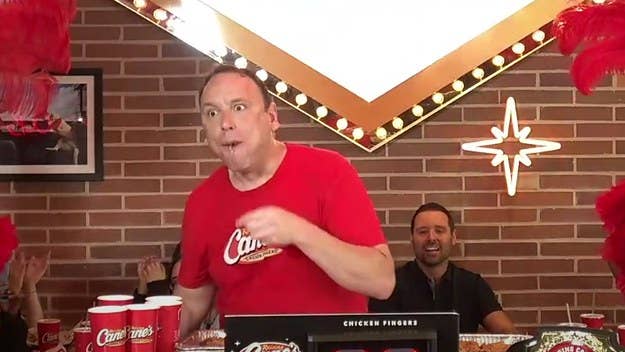 In celebration of National Chicken Finger Day, Joey Chestnut chowed down on a record 44 Raising Cane's chicken fingers at its new Las Vegas location.