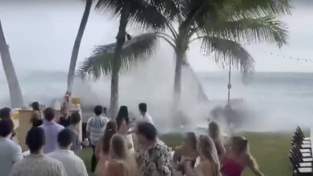 A wedding reception that took place in Hawaii was hit by a "historic" swell that brought massive waves to various parts of the island over the weekend.