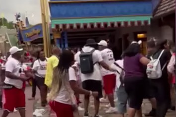 Screenshot from footage of a fight that broke out at Walt Disney World Resort.