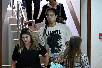 Brittney Griner arrives to a hearing at the Khimki Court, outside Moscow.