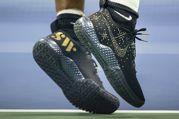 Serena Williams' black NikeCourt Flare 2 sneakers at the US Open 2022, which are encrusted with diamonds