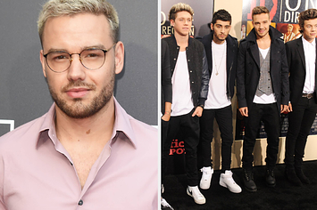 Liam Payne wears a light purple shirt with black glasses. He also appears in a black coat over a gray vest and a white shirt with black pants while standing with the rest of One Direction.