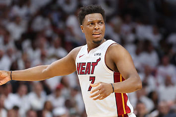 Kyle Lowry #7 of the Miami Heat reacts against the Atlanta Hawks during the fourth quarter in Game Two
