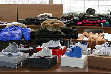 Stolen sneakers, coats, and clothing seized by York Regional Police.