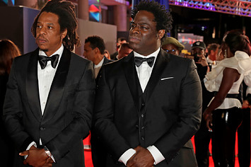 Jay Z and Jeymes Samuel are pictured on a red carpet