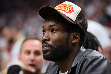 Rapper Meek Mill looks on during the first half in Game One of the Eastern Conference Semifinals