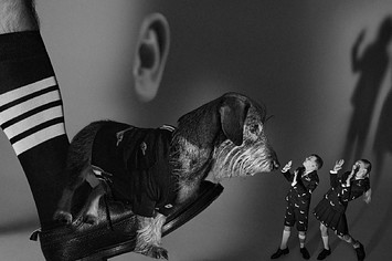 Models and a dog are pictured in a new campaign from Thom Browne