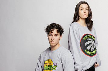Two models wearing crewnecks from the nba x tmnt collection