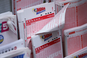 Mega Millions lottery tickets sit inside a convenience store in Lower Manhattan