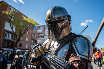 A man dressed as the Mandalorian during a Star Wars Parade.