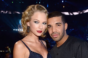 Taylor Swift (Detail: Herve Leger dress) and Drake attend the 2013 MTV Video Music Awards